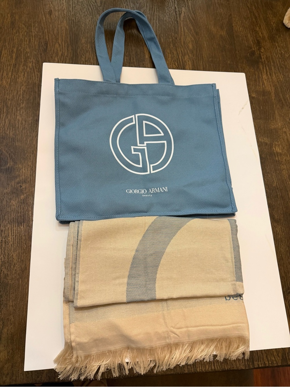 Giorgio Armani Dusty Blue Logo Tote with Beige Accent